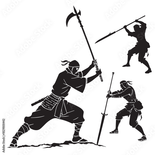 Black polearm techniques global halberd nagina Silhouette Vector, High Quality Illustration on White Background