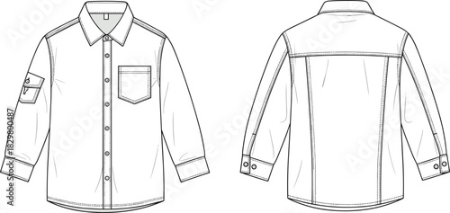 Technical apparel flat sketch showcasing long sleeve button-down shirt design with pocket, cuffs, collar, stitching, and construction details