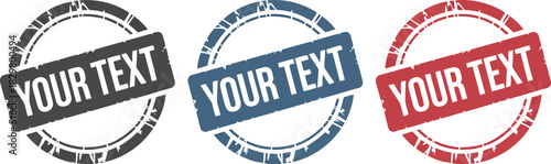 Set of three distressed round stamps with rectangular labels in grey blue and red colors