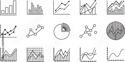 Collection of Data Visualization and Business Chart Icons for Presentations and Reports in Simple Black and White Style
