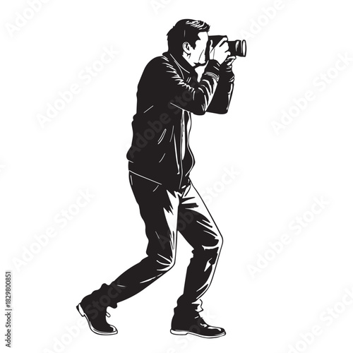 Black photography man with camera Silhouette Vector, High Quality Illustration on White Background