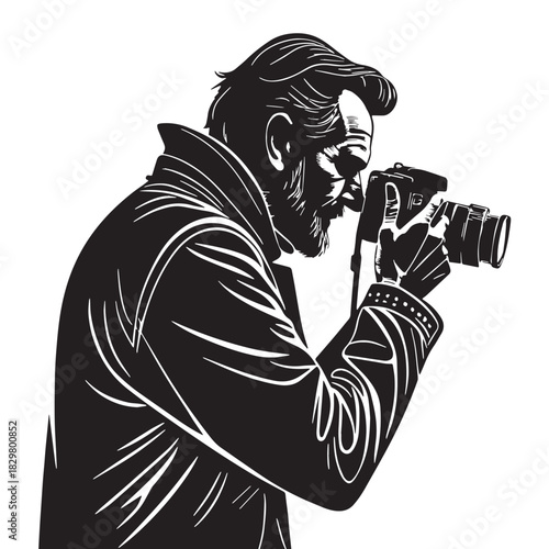 Black photography man with camera Silhouette Vector, High Quality Illustration on White Background