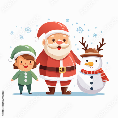 Santa Claus, a smiling elf, and a snowman with reindeer antlers stand together against a snowy background.