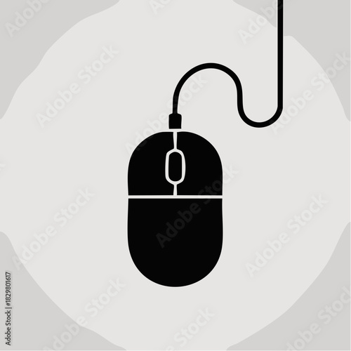 A black silhouette of a wired computer mouse with a scroll wheel on a light grey background.