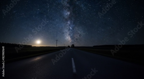 An empty country road stretches into the distance under a spectacular starry night sky with the Milky Way galaxy.