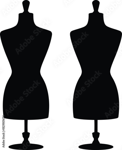 Two stylish black dress form silhouettes standing on individual stands against a clean white backdrop