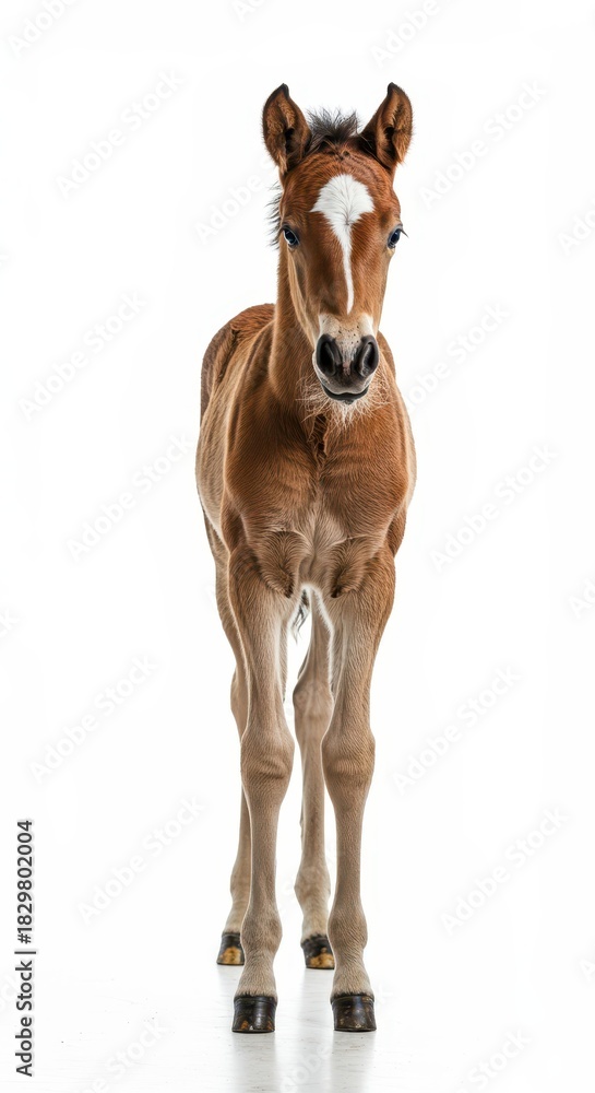Obraz premium Adorable young baby horse, a small brown and white foal, standing confidently against a seamless, bright white studio background, isolated perfectly, mare, seamless, equine
