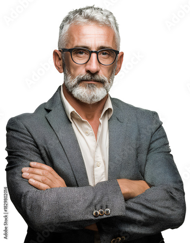 a photograph of a middle-aged man with gray hair and a beard, wearing glasses and dressed in business casual attire.