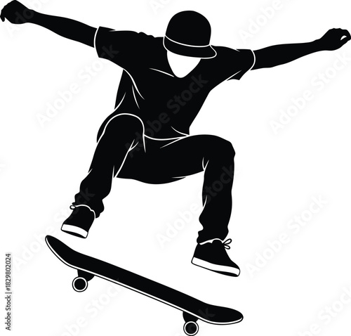 Dynamic skateboarder silhouette vector illustration of an ollie trick. Minimalist flat graphic with clean black solid shapes on a pure white background, high contrast, smooth design