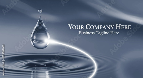 Luminous water droplet with a glowing light trail suspended over serene rippling water.