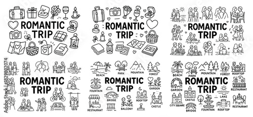 Romantic trip icons and symbols collection