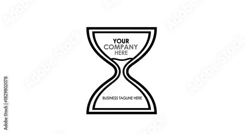 Minimalist black outline hourglass logo template with company and tagline text placeholders