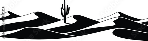 Minimalist Black and White Desert Landscape Illustration featuring Undulating Sand Dunes and a Solitary Cactus in a High-Contrast Silhouette Style
