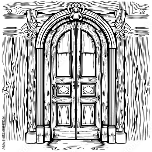 An intricately detailed black-and-white line art illustration of an old wooden door with a carved horseshoe arch, diamond-paneled sections, and ornate trim. The symmetrical composition resembles a tra