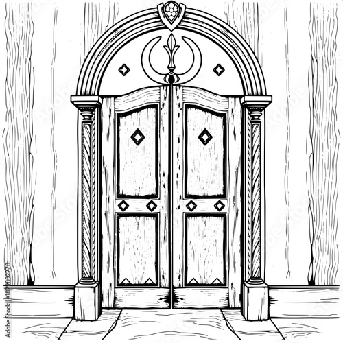 An intricately detailed black-and-white line art illustration of an old wooden door with a carved horseshoe arch, diamond-paneled sections, and ornate trim. The symmetrical composition resembles a tra