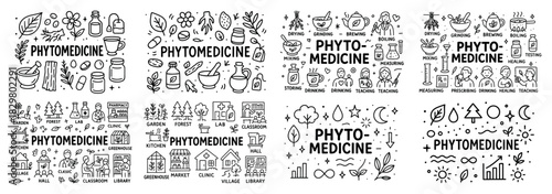 Phytomedicine doodle set with herbal elements