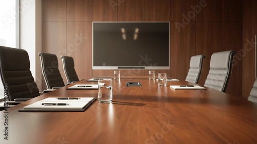 Wallpaper Mural Conference room with large table, chairs and screen, modern office Torontodigital.ca