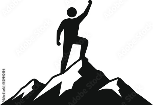 Clean black silhouette vector illustration of a triumphant person on a mountain summit, symbolizing success, achievement, and victory with high contrast on a white background