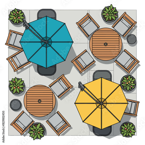 Overhead view of outdoor patio seating area with umbrellas, vector illustration