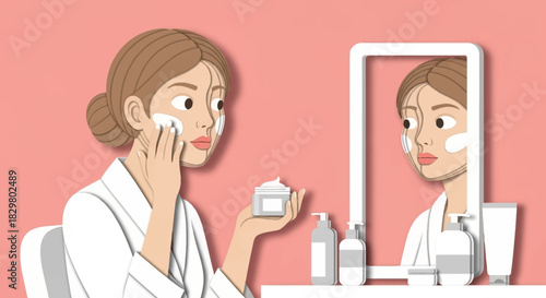 Paper-cutout woman with bun applying white face cream, performing daily skincare routine.