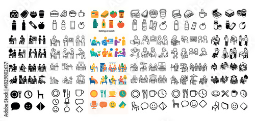 Diverse office dining icon set