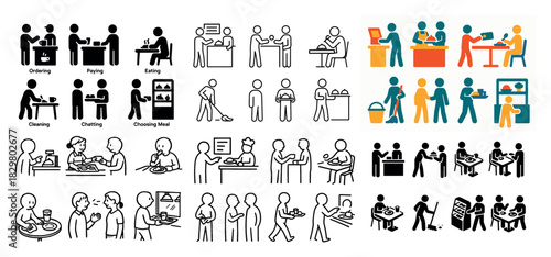 Stick figures dining and interacting