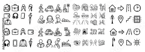 Hand-drawn urban life icons set