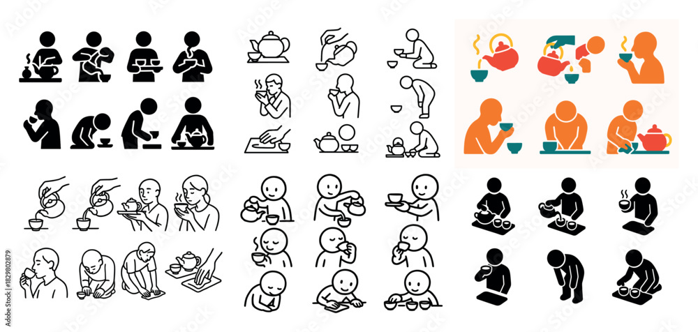 Fototapeta premium Various tea drinking illustrations