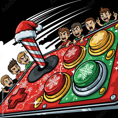 Cartoon boys operate a christmas themed arcade game with festive buttons