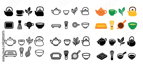 Tea set icons and utensils collection