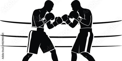 Dynamic silhouette illustration of two boxers in a ring, poised for a fight, showcasing intense competition and athletic prowess in a high-contrast, minimalist vector design