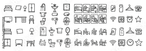 Hotel amenities and activities icons set