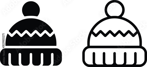 Simple black and white icons of a warm winter hat with a cheerful pompom on top