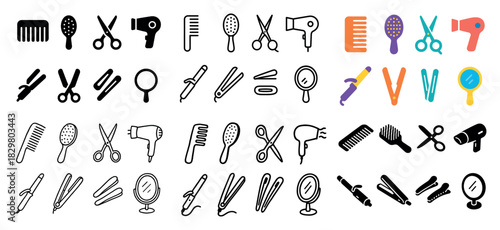 Variety of hair styling tools icons