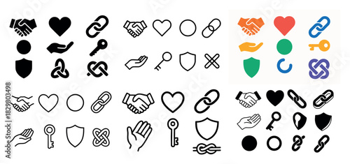 Icon set: handshake, heart, shield, keys