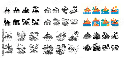 Jet skiing icons and illustrations set