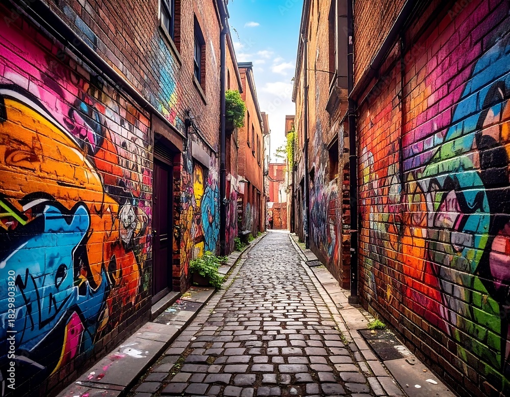 Fototapeta premium Narrow alleyway with cobblestone street and colorful graffiti on brick walls, bright blue sky above building tops