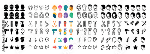 Diverse hairstyles and barber tools icons
