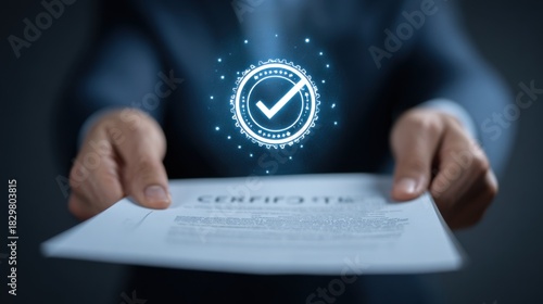 Businessman presenting certificate with digital approval stamp