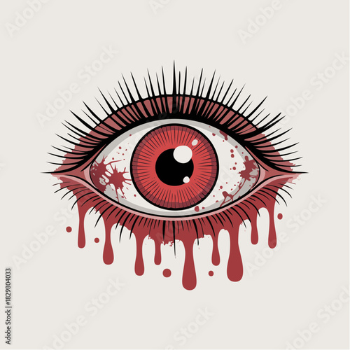 A stylized, bloodshot eye with a red iris, black pupil, long spiky lashes, and blood splatters, with blood dripping from the lower lid.
