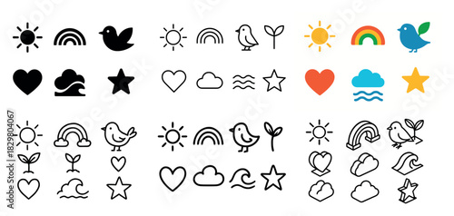 Nature icons: sun, bird, rainbow, heart