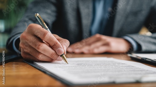 Businessman signing important document with pen