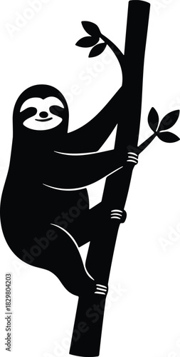 Climbing Sloth Silhouette on Tree Trunk – Cute Wildlife Vector Illustration Isolated on Transparent Background