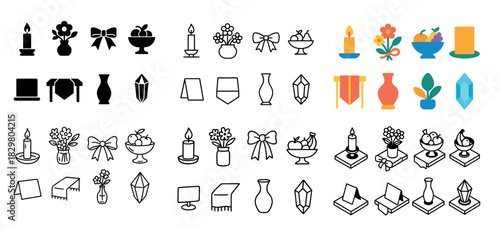 Decorative icons: bowls, flowers, candles
