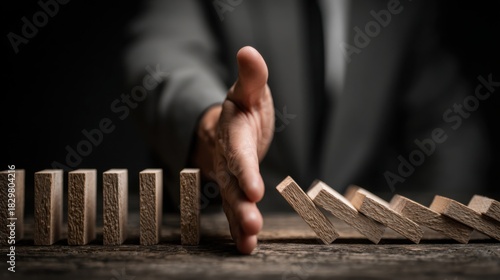 Businessman stopping domino effect with hand