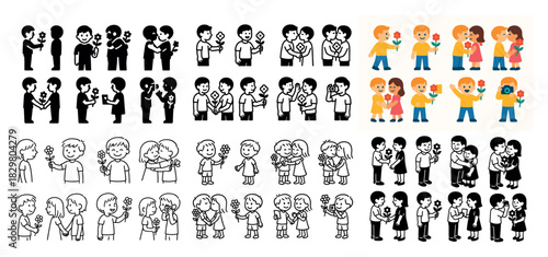 Diverse cartoon children holding flowers