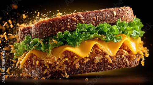 Delicious homemade sandwich with fresh lettuce, melted cheese, whole grain bread, crispy ingredients, and a savory filling, perfect for lunch or snack