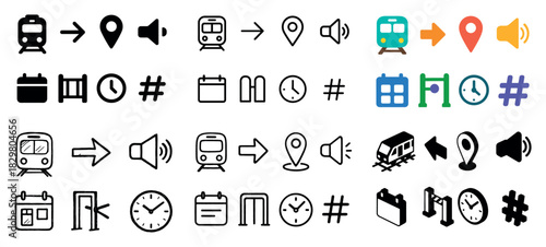 Transportation icons: maps, trains, clocks