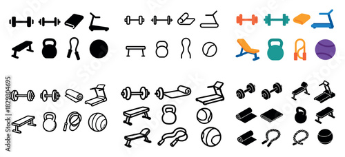 Fitness equipment icons variety set