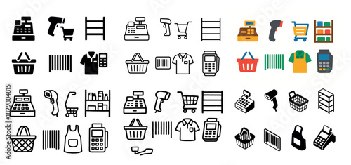 Retail and grocery shopping icons set